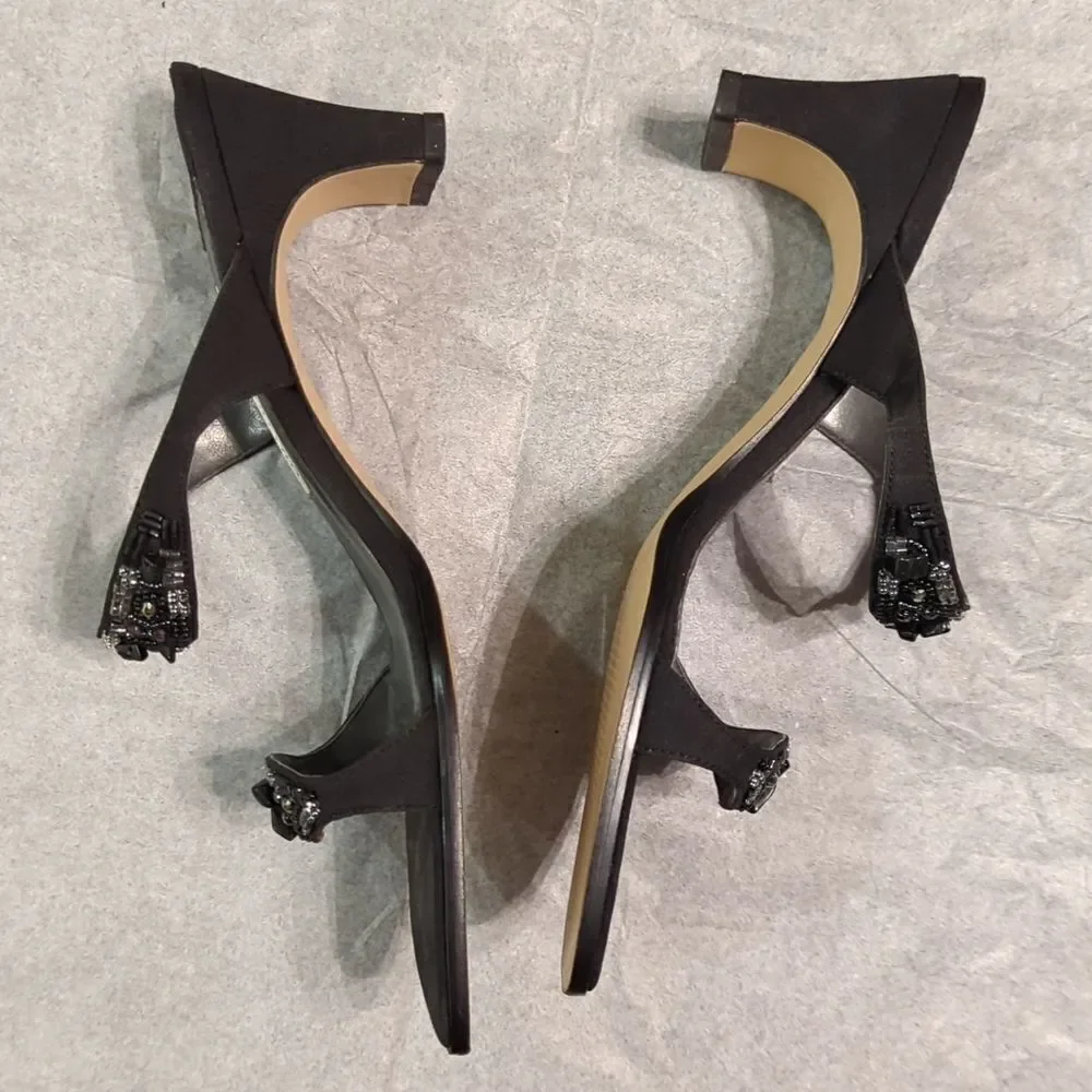 Vintage 90s Ann Marino Beaded Black Sandals, Two Strap Slides Square Heel 2.5